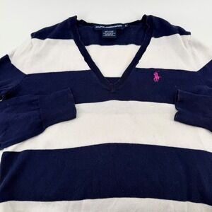 Ralph Lauren‎ Sport Striped V-Neck Sweater Pink Pony Preppy Medium Navy White